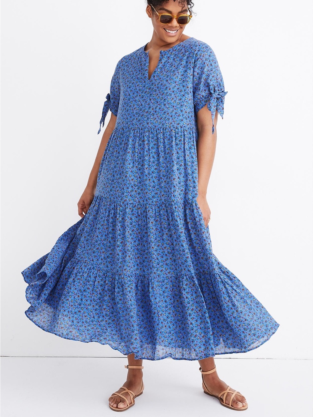 Madewell / Tie-Sleeve Tiered Midi Dress in Calico Floral / Size L